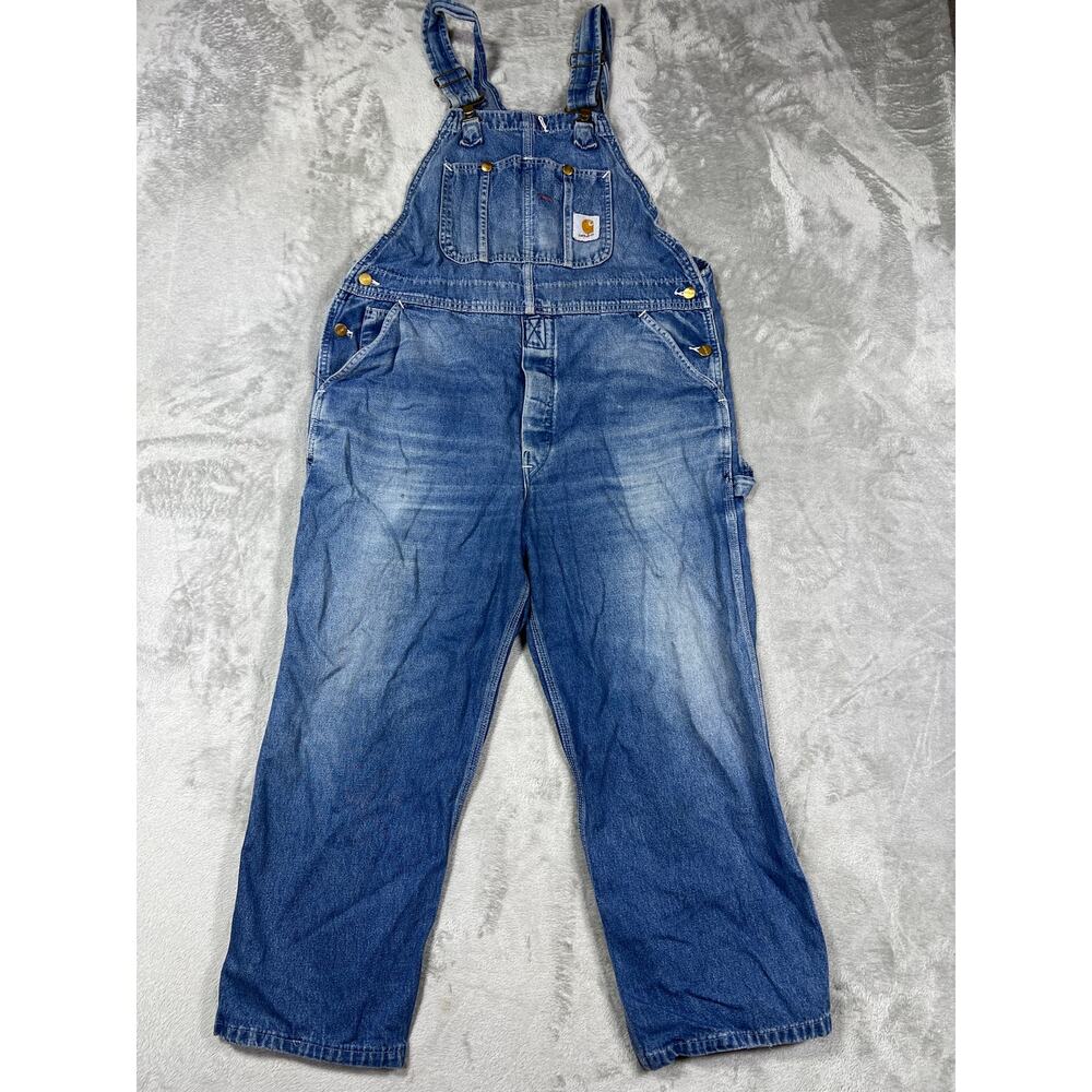 Vintage Carhartt Denim Overalls Distressed Workwear Carpenter Bib 38x26 - Picture 2 of 10